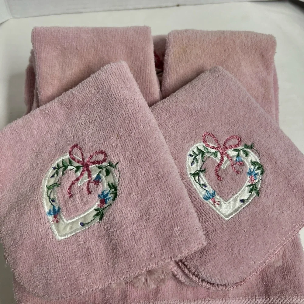 Vintage Pink Embroidered Heart Towel Set of 6